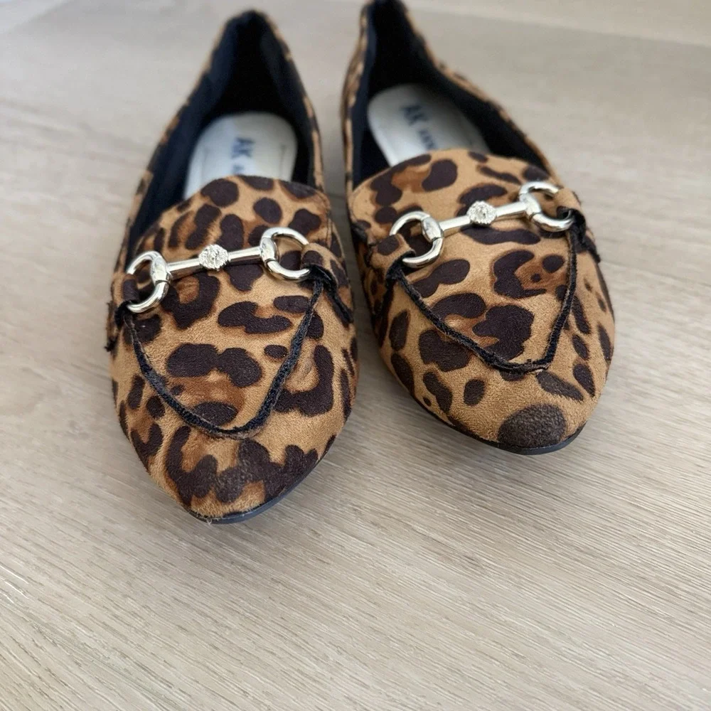 Anne Klein iflex Akoverbook Loafers Black Brown Leopard Print Pointed Toe Size 8